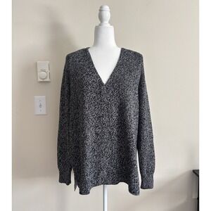 Athleta Small Oversized Chunky Knit Wool Blend Sweater V Neck Black White Cozy